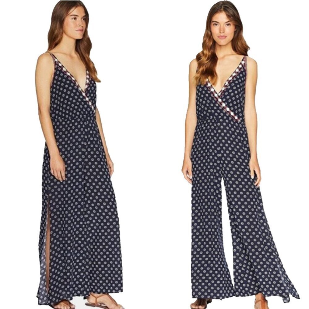 1. State Gypsy Night Embroidered Navy V-Neck High-Slit Wide-Leg Jumpsuit Size S